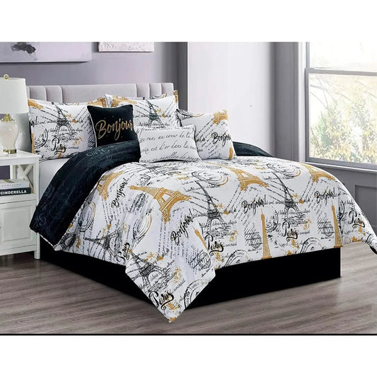Queen Size Paris Comforter Set in a Bag - 7 Piece Paris Bedroom Comforter Set with Shams, Bedskirt Cushions, Eiffel Tower Beddi