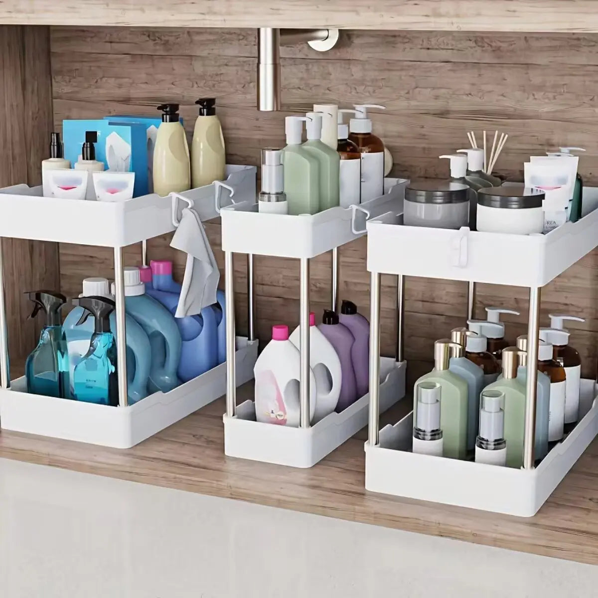 3pcs Under Bathroom Sink Organizers – Countertop Storage Racks for Cosmetics, Kitchen &amp; Bathroom Use, Large, Medium, Small Sizes