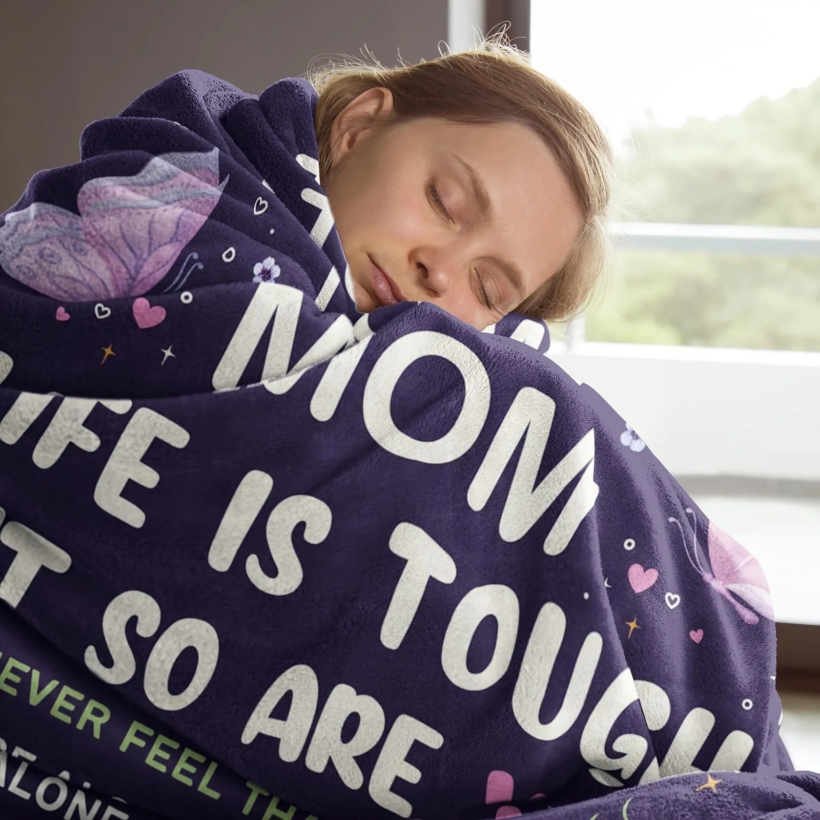 Soft Flannel Cherished Mom Gift Blanket - Versatile Purple Sofa Throw from Daughter or Son | Perfect for Mother&