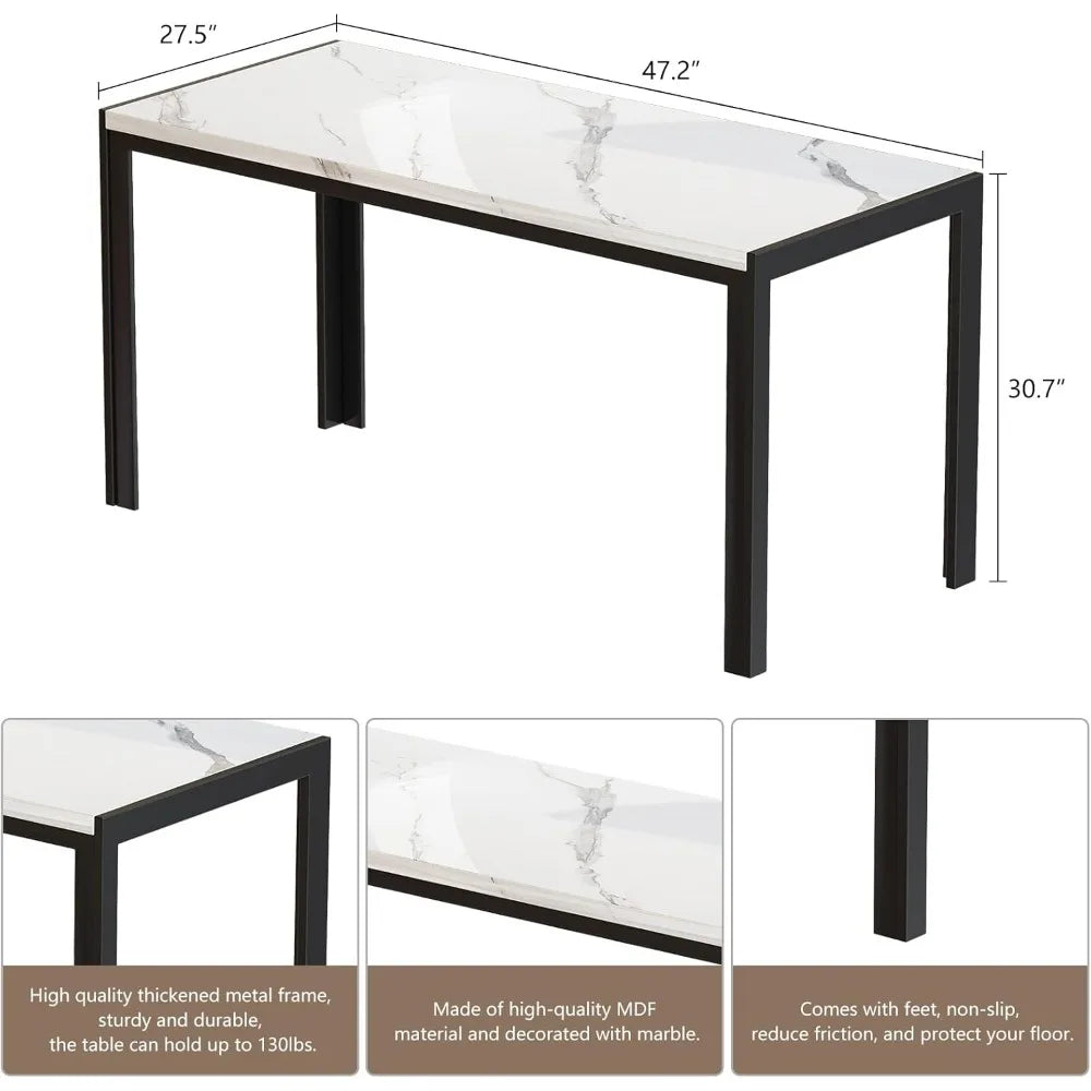 Dining Table Set with 2 Benches, Dining Table Set for 4-6 People, Artificial Marble Breakfast Table Set and PU