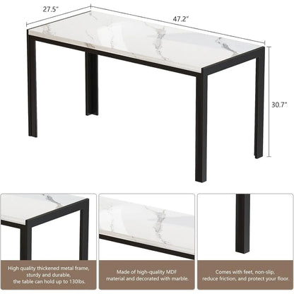 Dining Table Set with 2 Benches, Dining Table Set for 4-6 People, Artificial Marble Breakfast Table Set and PU