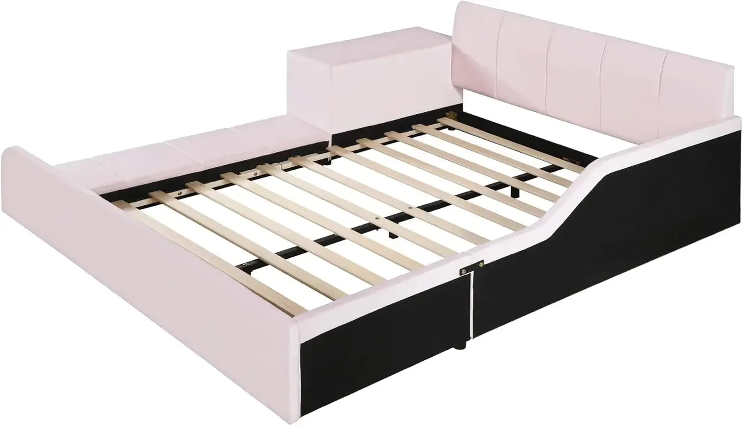 Velvet Upholstered Grounded Bed Platform Bed, Wooden Full Size Mother &amp; Child Bed Frame with Bedside Desk and Little Round Stool