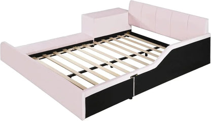 Velvet Upholstered Grounded Bed Platform Bed, Wooden Full Size Mother &amp; Child Bed Frame with Bedside Desk and Little Round Stool