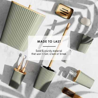 Sage Green Bathroom Accessory Set, 6PC with Toilet Brush, Trash Can &amp; Soap Dispenser for Modern Bathrooms