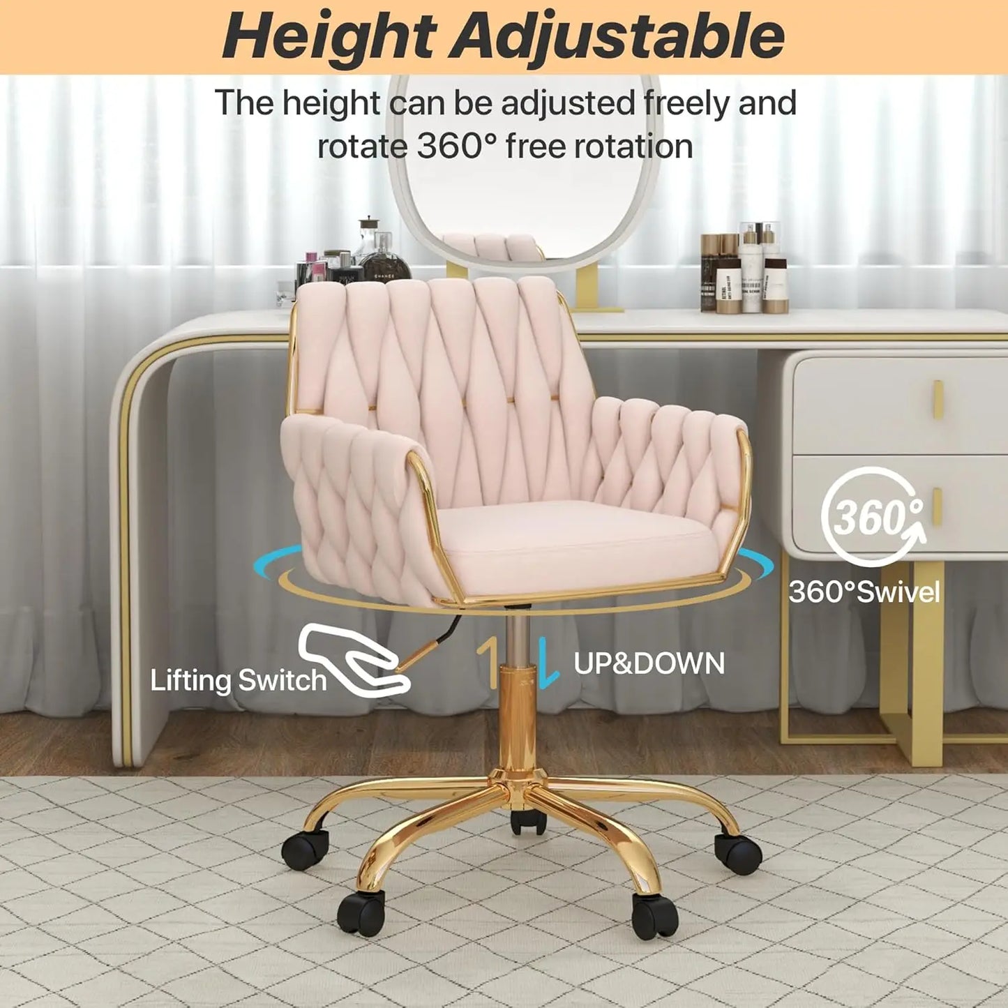 Velvet Home Office Chair, Modern Height Adjustable Cute Vanity Chair, 360° Swivel Makeup Chair Desk Chair with Golden Base