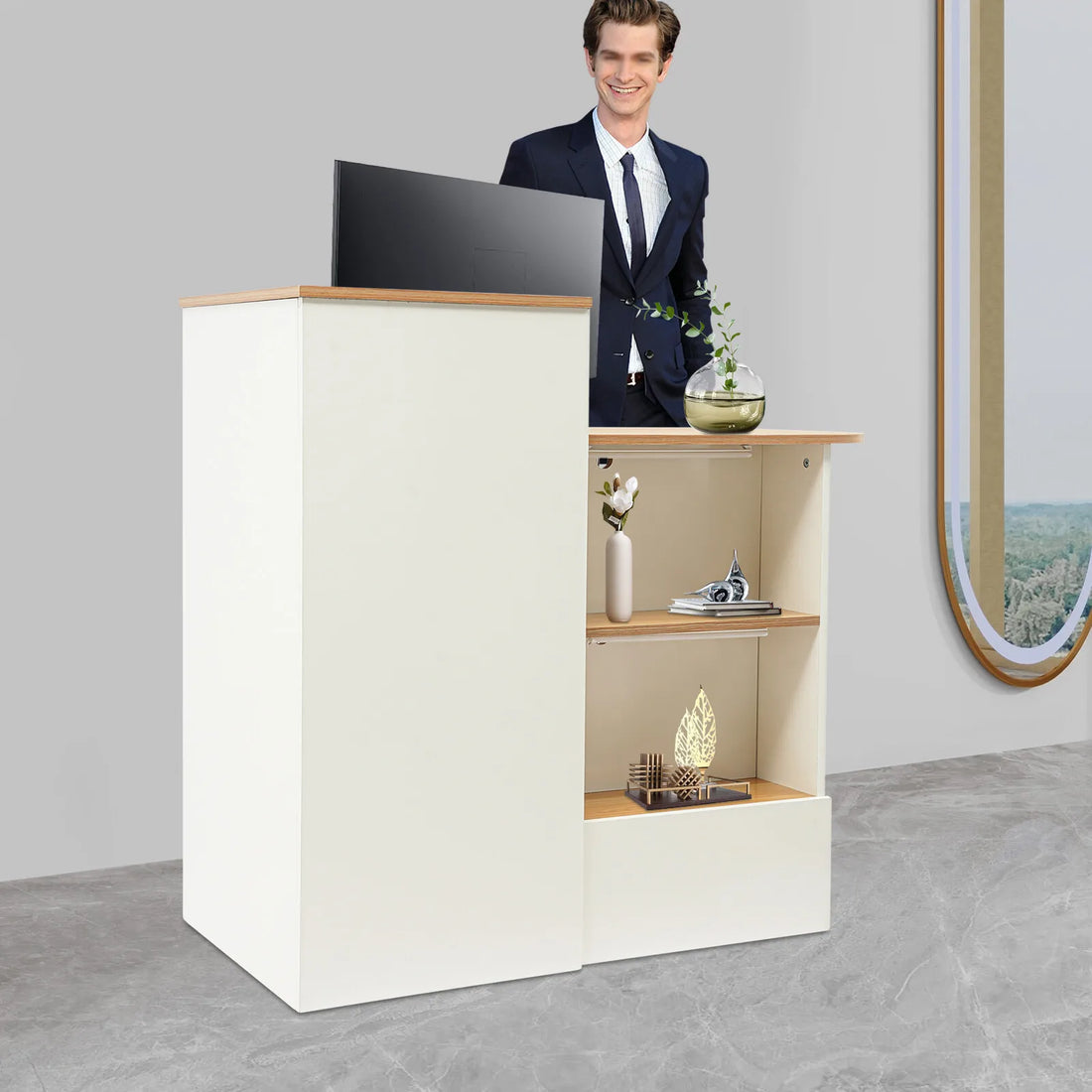 Modern Reception Desk with LED Display Shelves, Professional Welcome Counter for Corporate Lobby and Business Front Office