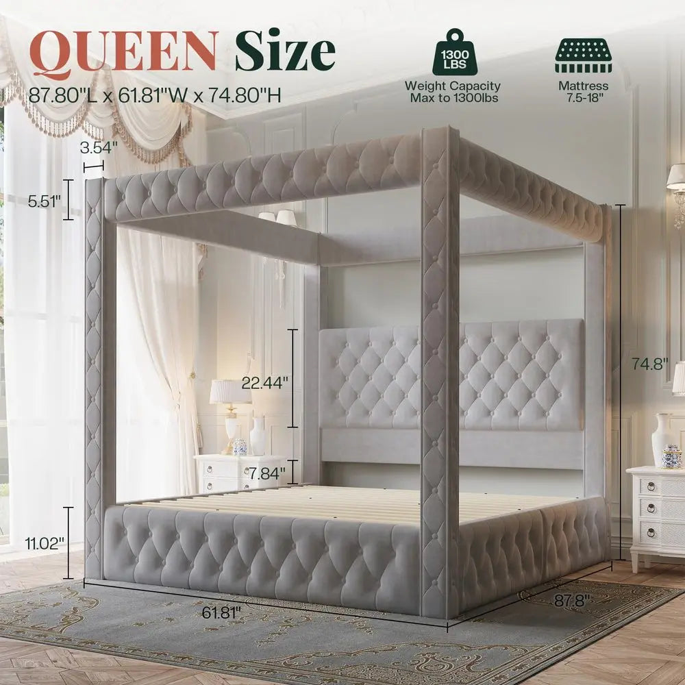 holstered Canopy Bed Frame Queen Size with 74.8 Tall Four Poster and Velvet DeepTufted Tall Headboard with Charging Station M