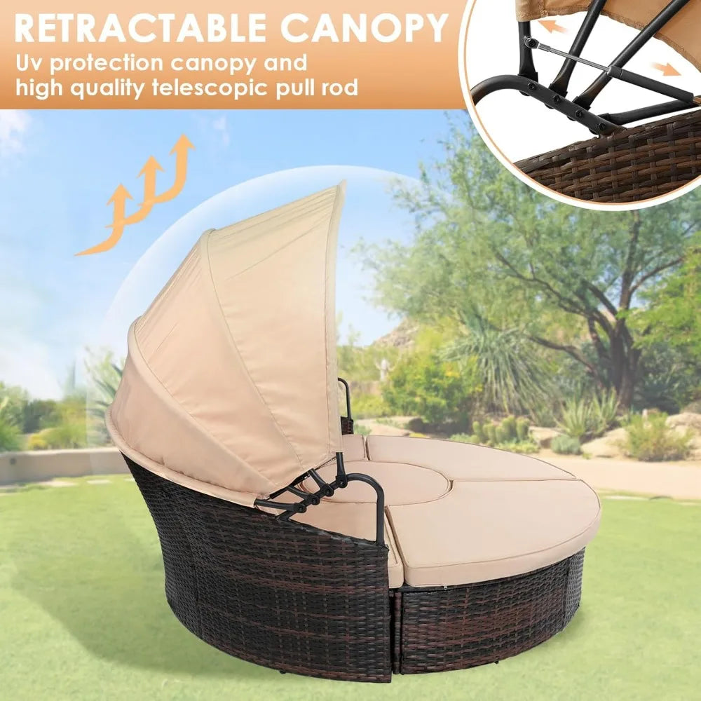 DAFIFY Outdoor Patio Daybed With Retractable Canopy Wicker Rattan Set