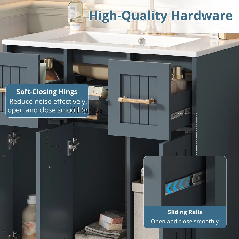 30inch Bathroom Vanity with Undermount Sink and Drawers, Painted Surface, Soft-Close Doors, Bathroom Cabinet with Tip-Out Drawer