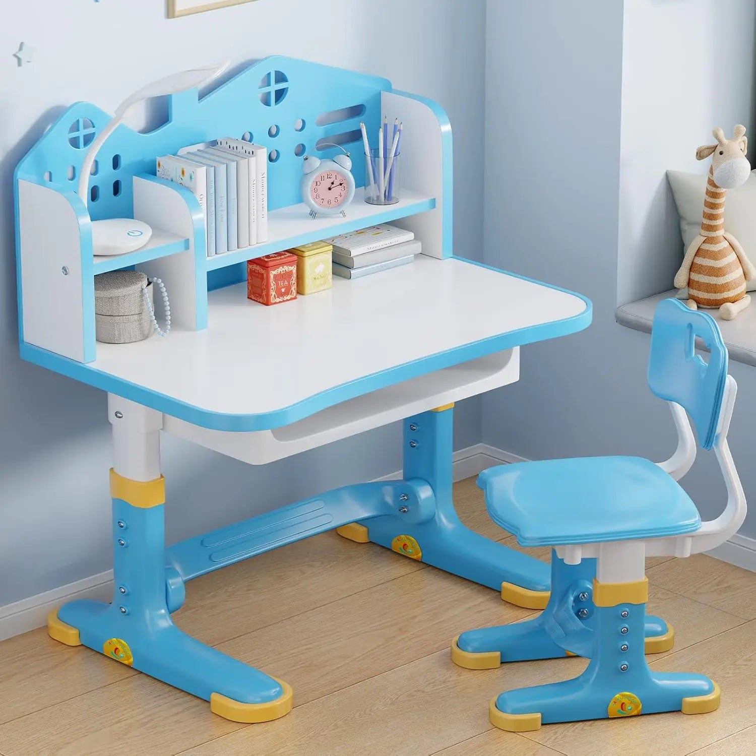 Adjustable Kids Desk and Chair Set with Bookstand, Storage Drawer for Boys Girls Study Writing