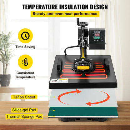 SucceBuy 2In1 Heat Press Machine 38*38CM Multifunctional 360° Swing-Away Digital Sublimation Printer Transfer DIY T-shirt Cap