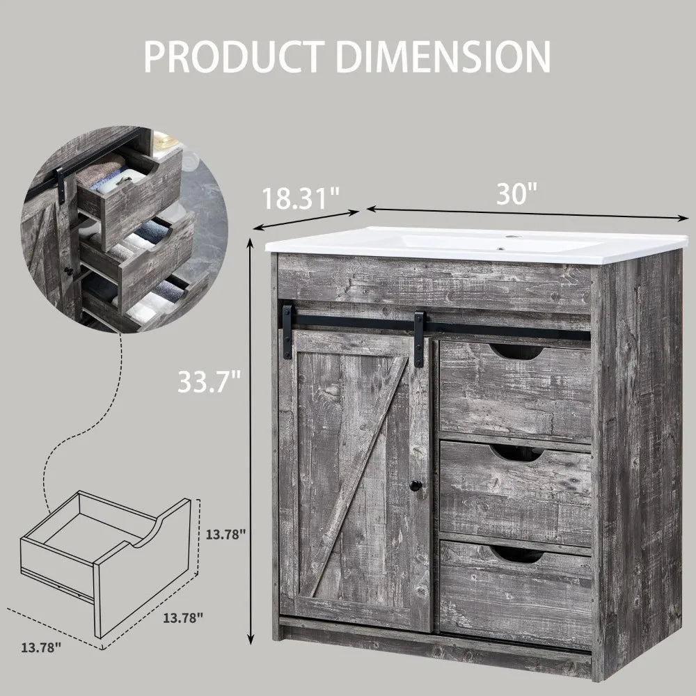 RBXC Farmhouse Bathroom Vanity With Sink, Barn Door Storage Cabinet