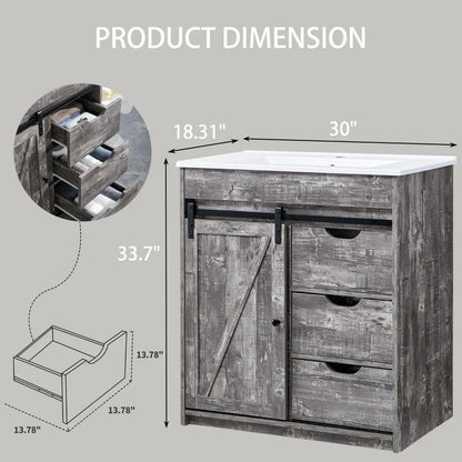 RBXC Farmhouse Bathroom Vanity With Sink, Barn Door Storage Cabinet
