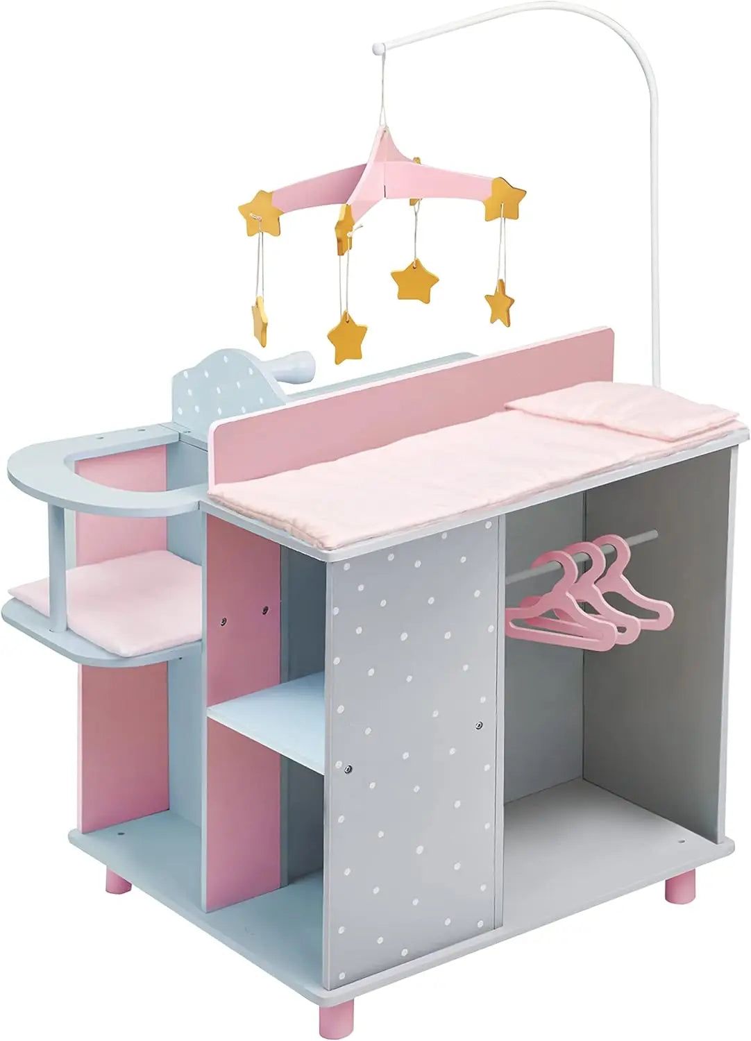 6-in-1 Wooden Baby Doll Changing Station with Crib, Table, High Chair, Closet, Sink and Washing Machine