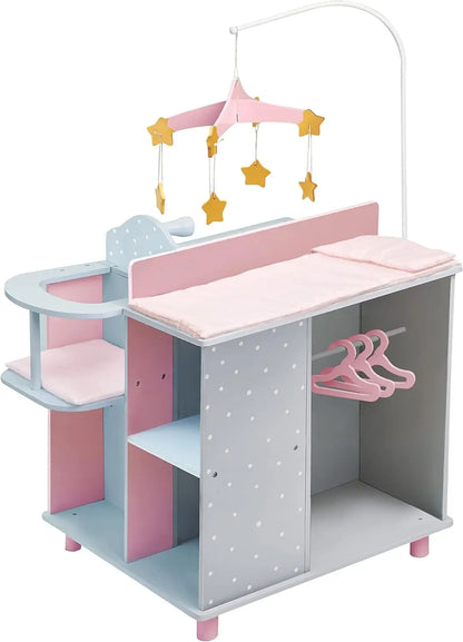 6-in-1 Wooden Baby Doll Changing Station with Crib, Table, High Chair, Closet, Sink and Washing Machine