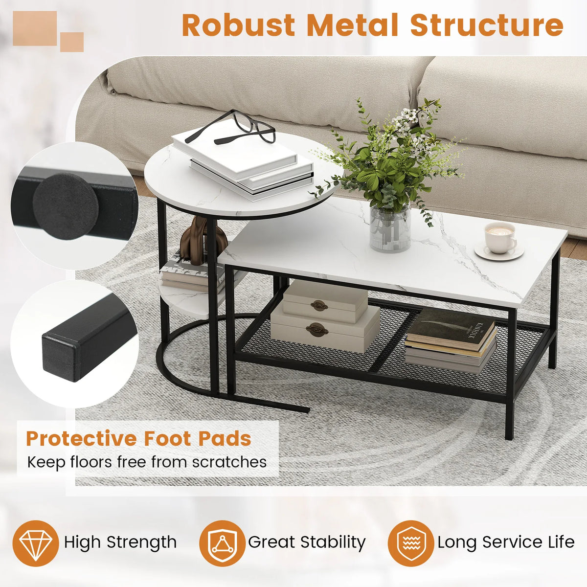 HOMASIS Two Tier Coffee Table Set With Storage Shelves