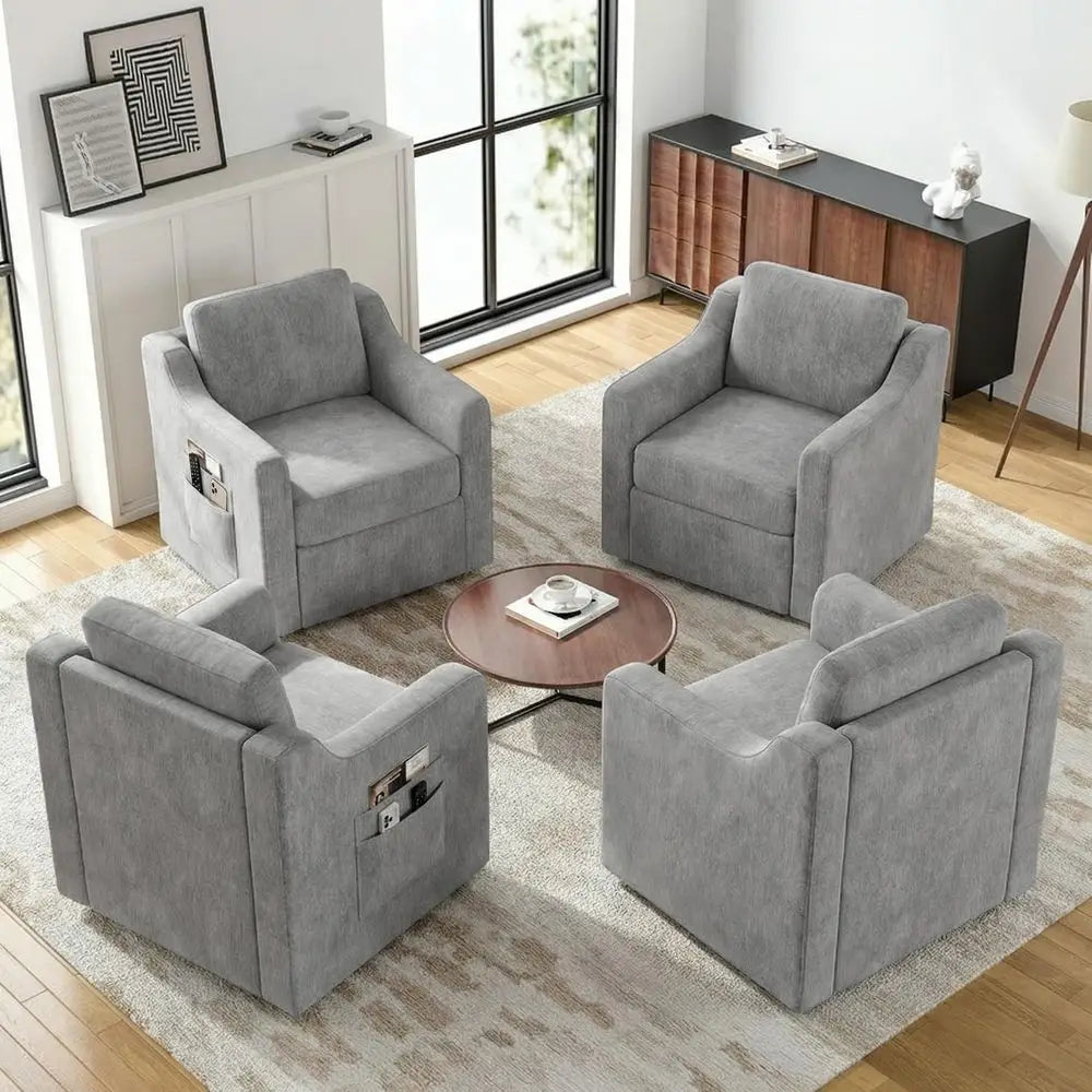 Swivel Accent Chair Set of 4, Large Comfy Reading Chairs, Accent Square Singleseat Armchair Upholstered Sofa for Reading, Nurse