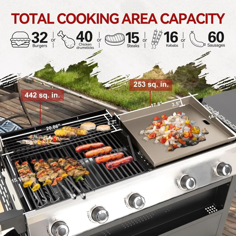 5 Burner Griddle Grill Combo, 2 in 1 Propane Gas BBQ Grill with Porcelain-Enameled Cast Iron Grates & Pan, Outdoor Flat Top Grid