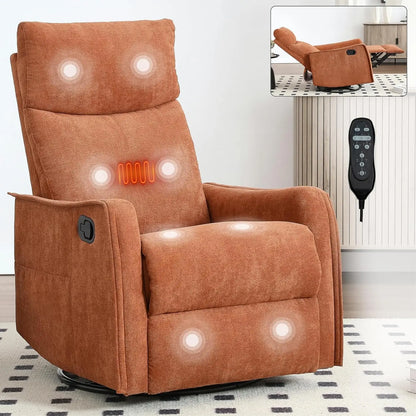 Heat Massage Manual Recliner Chair with Rocker &amp; 360° Swivel, Fabric Upholstered Reclining Armchair with Lumbar, Customized