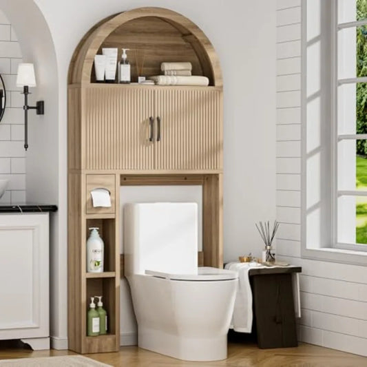 Over The Toilet Storage Cabinet Bathroom Shelf Organizer Freestanding Wood Arch Cabinet with Toilet Paper Holder and Anti-Tippi