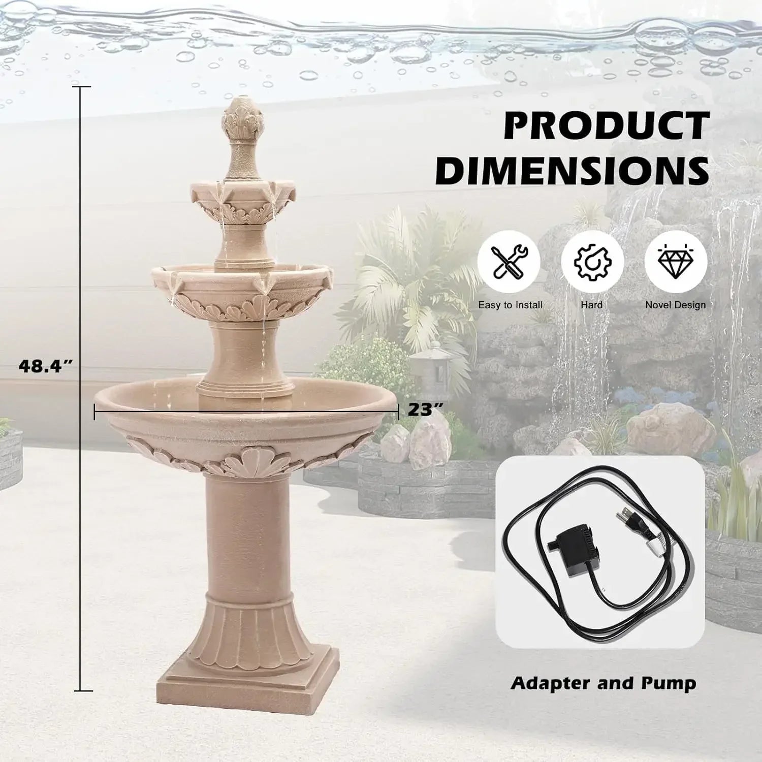 BestsellerOutdoor Fountains and Waterfalls, 48.4" H Bubbler Floor Waterfall Fountain with Pineapple Top and Pump, 3 Tiered Garde