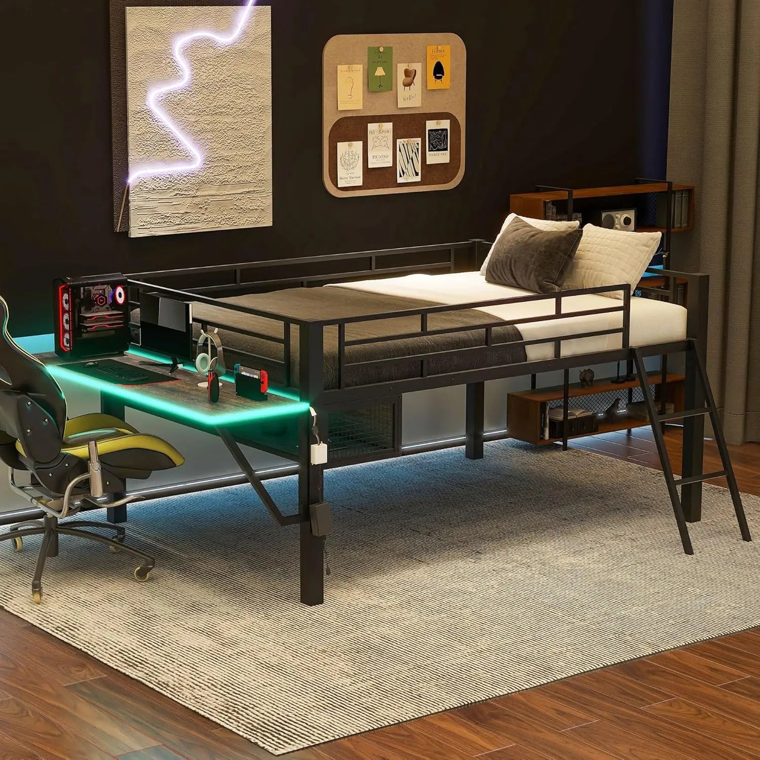 Full Wood Gaming Loft Bed Desk Storage Shelves LED Charging Station Kids Bedroom No Box Spring, Customized