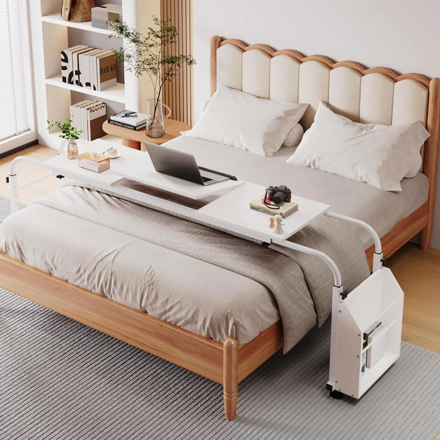 Overbed Table with Wheels,60.6-84.2″ Mobile Bed Desk,Rolling Computer Desk, Laptop Cart,W/0-65°Tilt Stand,4 Heights,6 Lengths