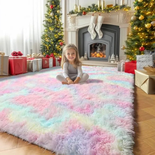 High-concerned Fluffy Rainbow Rug Unicorn Theme for Kids Rooms