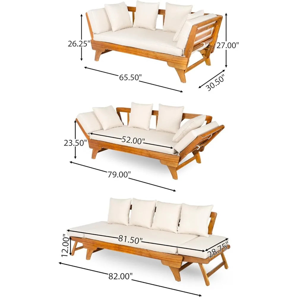 Outdoor Patio Daybed Sofa,3-Seat Sofa with Foldable Arm 4 Back Pillows,Teak Acacia Wood Frame Beige Removable Cushion,Teak+ Bei