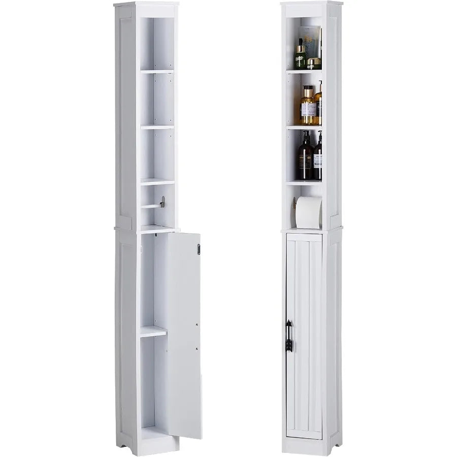 Narrow Bathroom Storage Cabinet With 3 Adjustable Shelves, 71" Tall Freestanding Cabinet With Toilet Paper Holder, Slim T