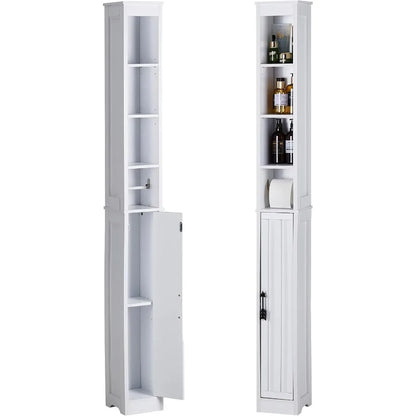 Narrow Bathroom Storage Cabinet With 3 Adjustable Shelves, 71" Tall Freestanding Cabinet With Toilet Paper Holder, Slim T