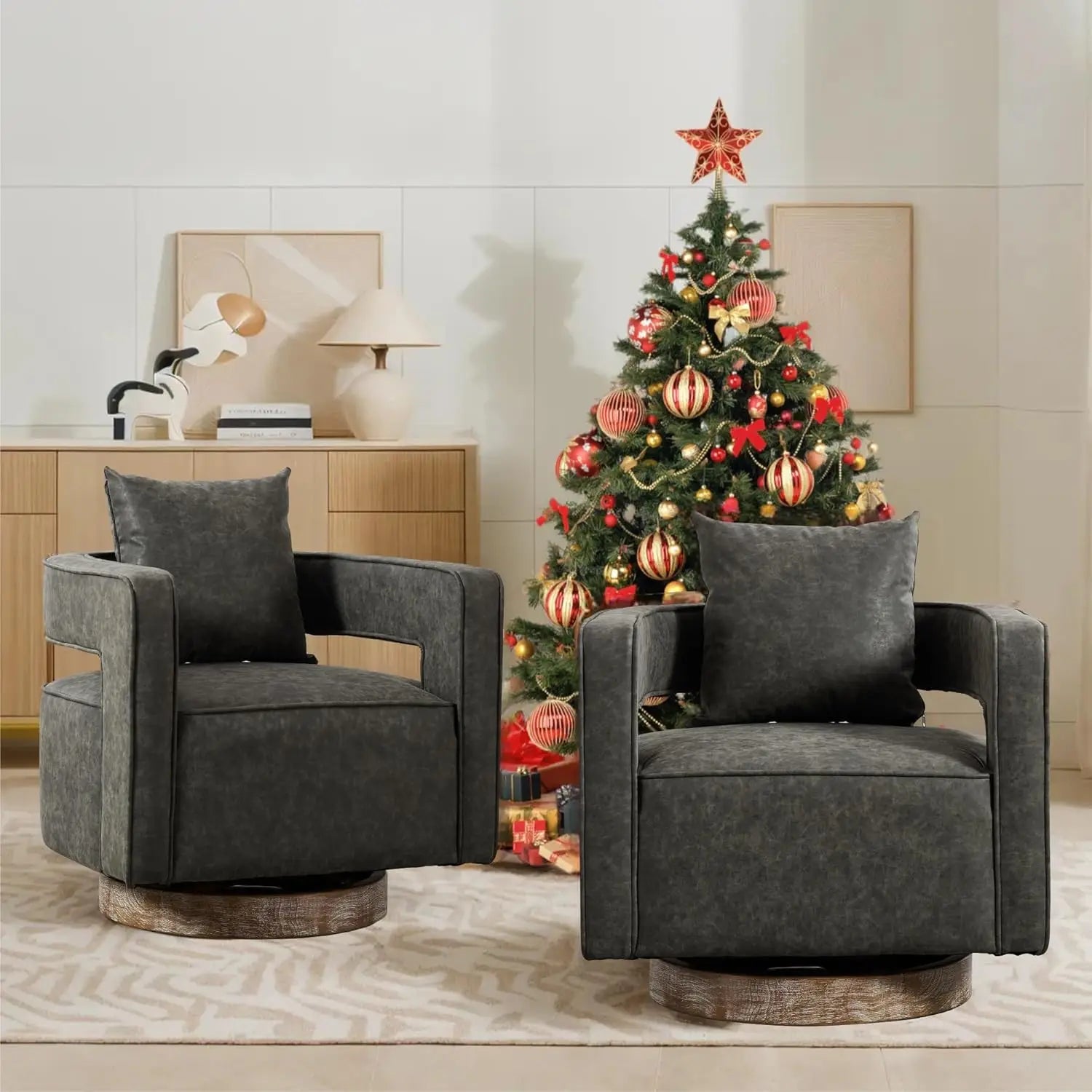 Upholstered Swivel Accent Chair Set of 2 Linen Open Back Barrel Chair with Pillow for Living Room, Beige