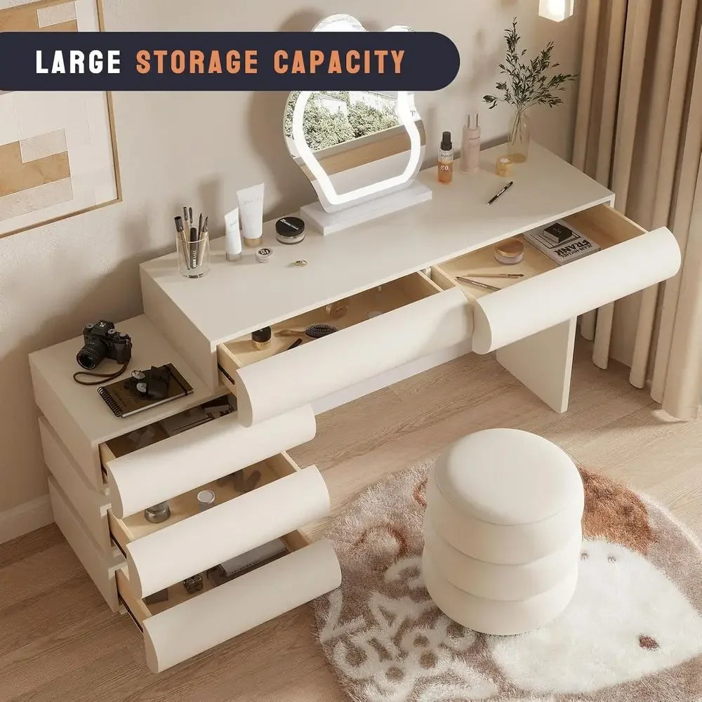 Elegant Makeup Vanity Desk with Illuminated Mirror and Storage, Leather-Clad 5-Drawer Set with Stool, 39.4in White