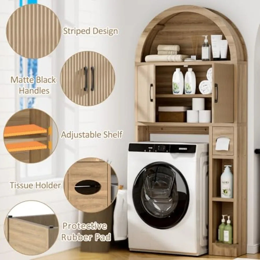 Over The Toilet Storage Cabinet Bathroom Shelf Organizer Freestanding Wood Arch Cabinet with Toilet Paper Holder and Anti-Tippi
