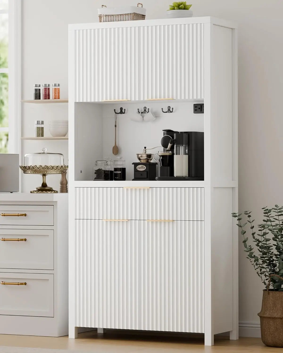 ZHUXIANG Fluted Pantry Cabinet With Charging Station And Adjustable Shelves