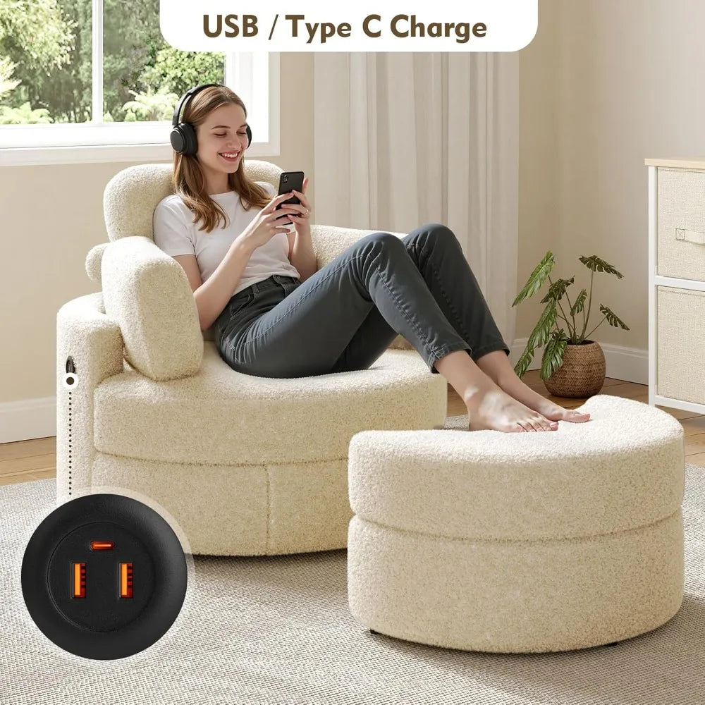 Accent Chair with Half Moon Ottoman, Round Chairs with Drawer Storage for Living Room, 360° Barrel Chair with USB Charging