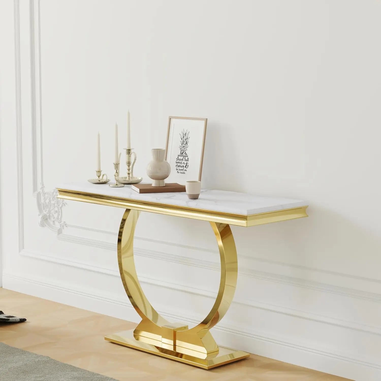 Gold Console Table, 50 Inch Glam White and Gold Entryway Table with U-Shaped Base, Polished Gold Entrance Table, Customized