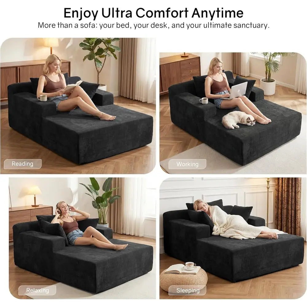Chenille Chaise Lounge Chair With Pillows For Living Room Bedroom