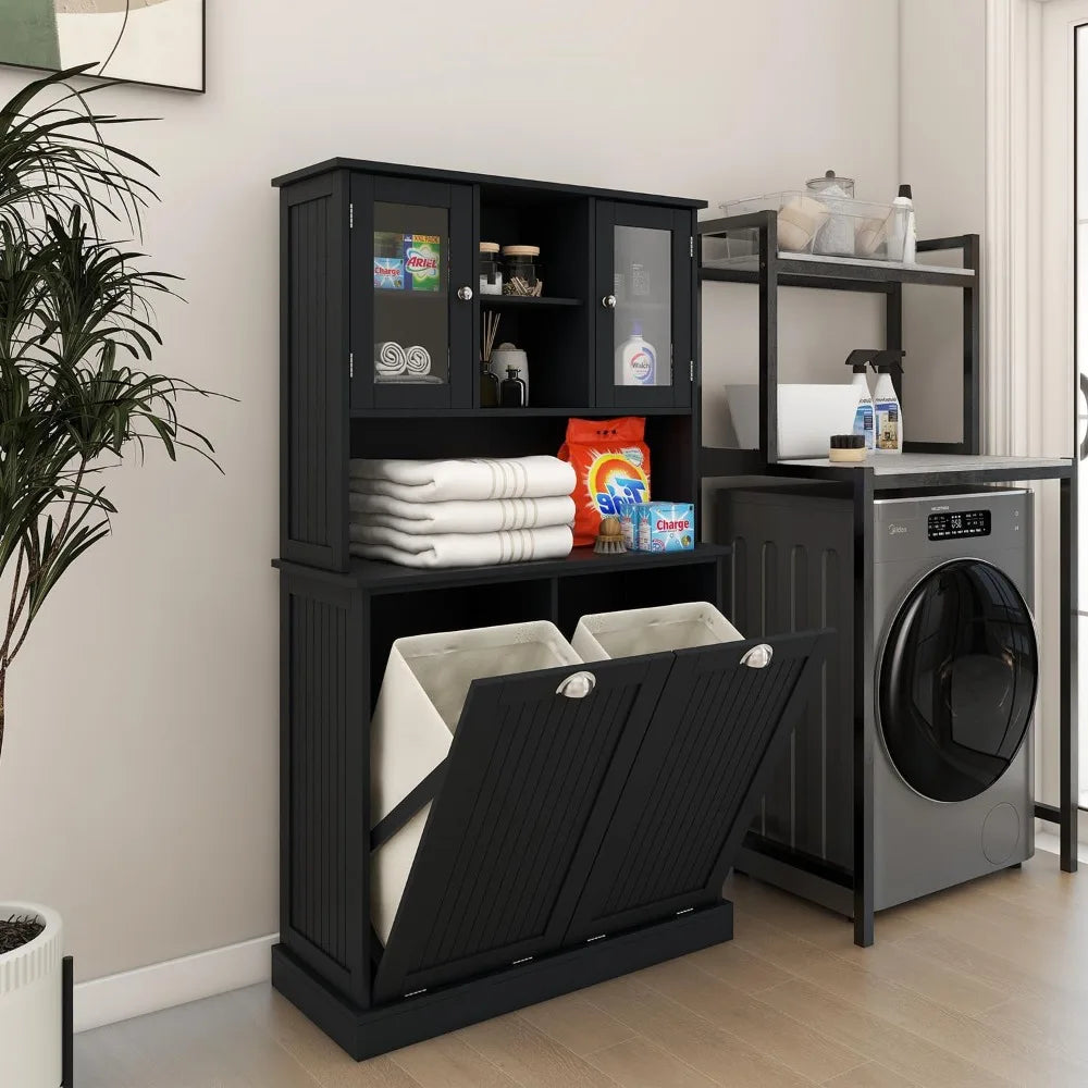 Tall Tilt Out Laundry Hamper Cabinet with 2 Removable Baskets, Hidden Storage & Glass Doors for Bathroom, Black