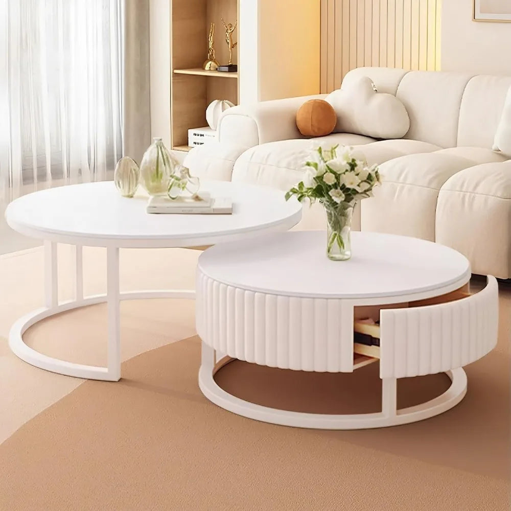 Round Marble Coffee Table with Storage Round Nesting Coffee Table Set of 2 Modern White Coffee Tables for Living Room Coffee Tab