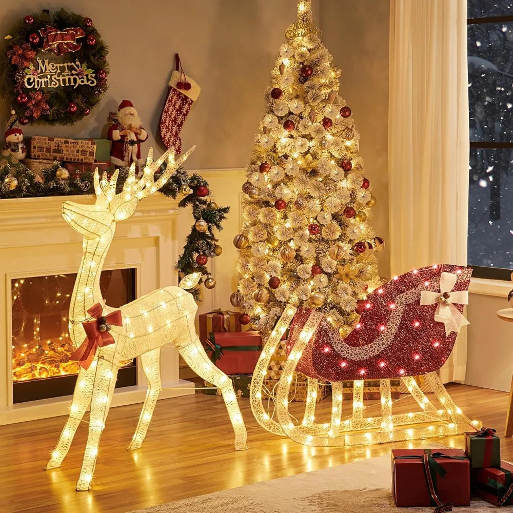 XMSJ 360 LED Illuminated Reindeer and Sleigh Display