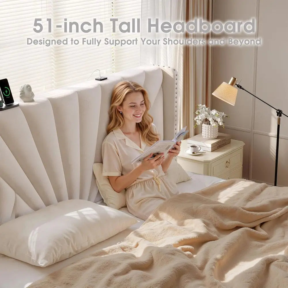 Chengwei Velvet Wingback King Bed Frame With LED Headboard