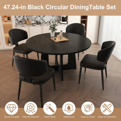 5 Piece Round Dining Table Set for 4, 47 Inch Farmhouse Kitchen Table with 4 Chairs, Black Wood Grain Finish, PU Leather Seats, Easy Assembly