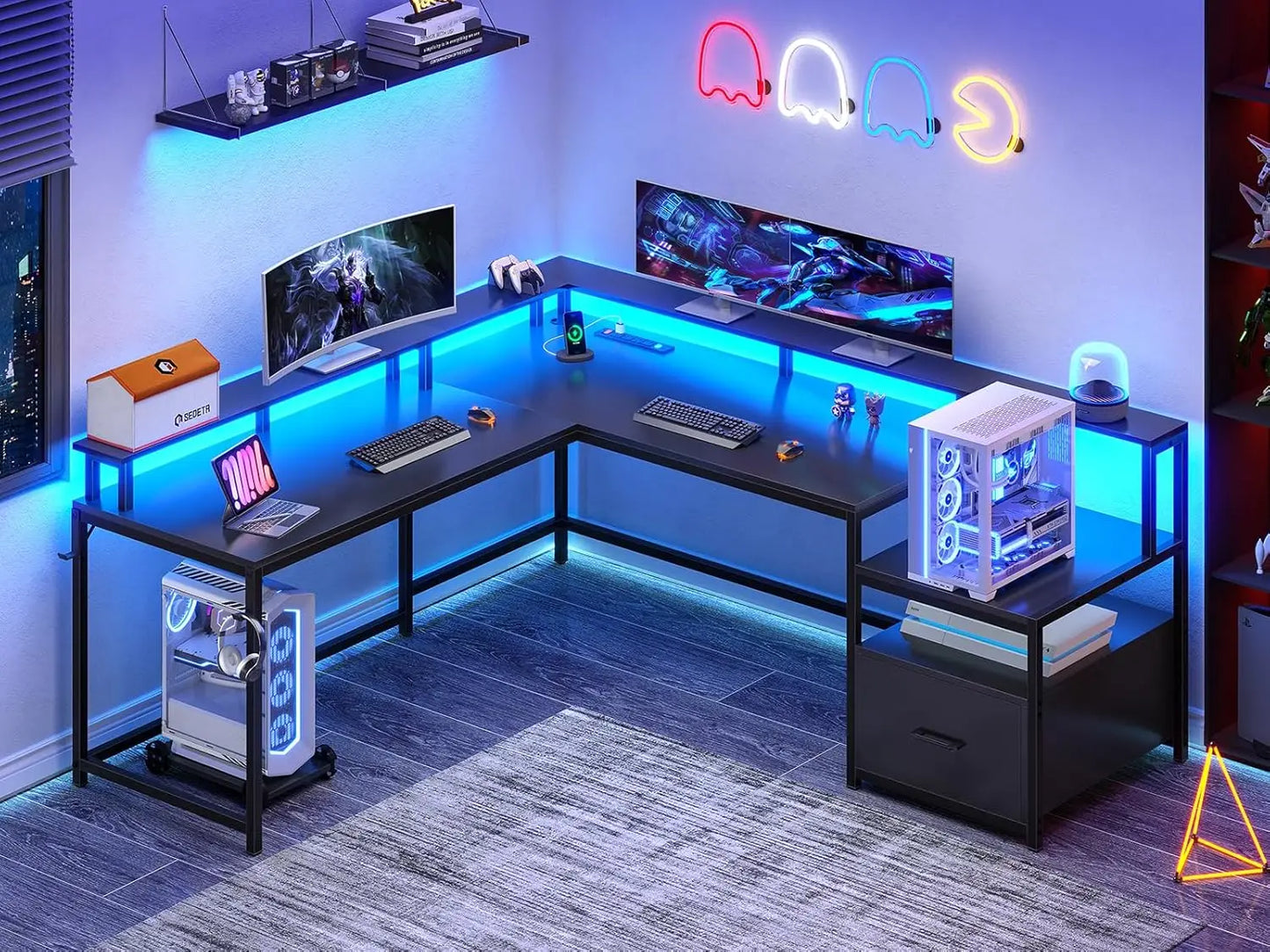 L Shaped Gaming Desk, 66" Home Office Desk with File Drawer