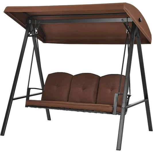 3-Seater Porch Swing, Outdoor Swing with Adjustable Tilt Canopy & Removable Soft Cushions, Powder-Coated Steel Frame Patio Swin