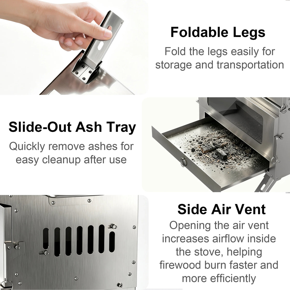 Unho Portable Wood Burning Camping Stove with Oven and Chimney