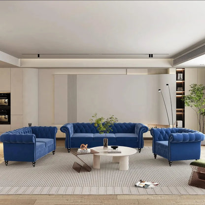 3 Piece Living Room Set, Velvet Chesterfield Sofa Loveseat Couch Chair with Scroll Arms and Nailhead for Living Room, Office (Bl