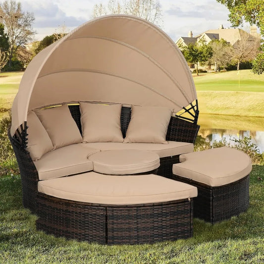 DAFIFY Outdoor Patio Daybed With Retractable Canopy Wicker Rattan Set