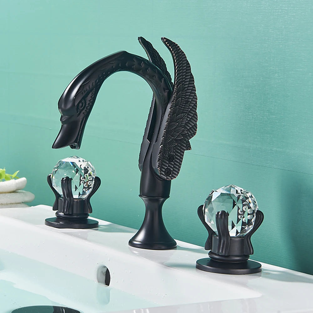 Rozin Gold Swan Basin Faucet Luxury Deck Mounted Dual Crystal Handle Bathroom Mixer Tap Cold and Hot Water Mixer Faucet