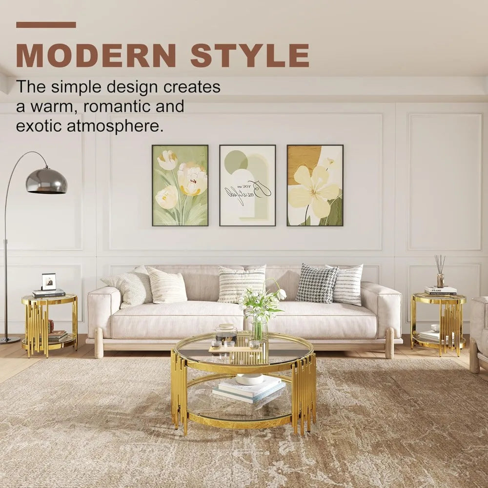 MKDK 3 Piece Glass Coffee Table Set With End Tables Stainless Steel Frames